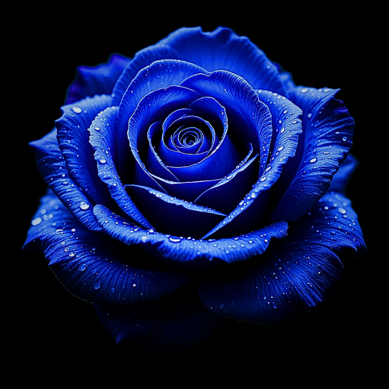 Rosa azul profunda sobre fundo preto com gotas de orvalho - Identidade visual do canal